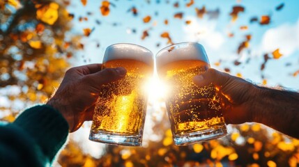 Cheers to autumn with two glasses of beer in a sunny park setting