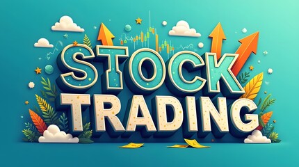 Creative typography with the text ‘Stock Trading’ integrated with graphs and arrows symbolising market movement.