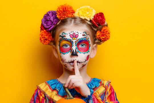 Face art and traditional Mxican holiday concept. Litle girl child with orange umpkin holding index finge at lips, asking to keep slence, dressed in Hallowee costume, wears sugar skul makeup