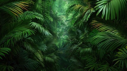 Lush verdant and enchanting tropical rainforest landscape filled with exotic plants vibrant foliage and a serene primeval atmosphere  This dense