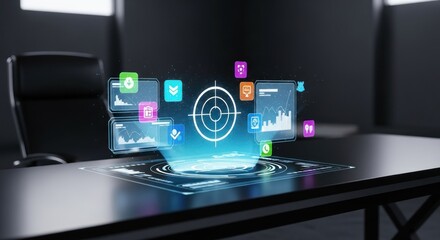 Holographic display projecting data and icons above a table in a modern office environment scene
