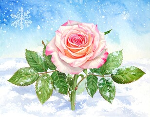 Watercolor rose in winter snow