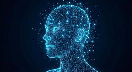 Futuristic ai head with glowing neural network connections and digital data flow