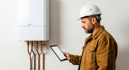 Technician Inspecting Boiler with Digital Tablet