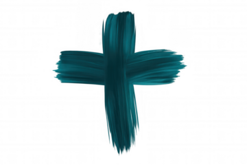Teal cross created with digital brushstrokes, isolated on transparent background, ideal for religious or spiritual designs