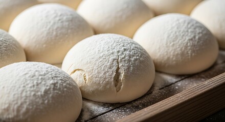 Round dough balls dusted with flour on a wooden tray