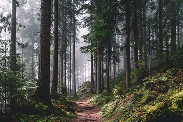 Obraz premium Misty Forest Path: A Serene Journey Through Tall Trees and Lush Greenery on a Foggy Day