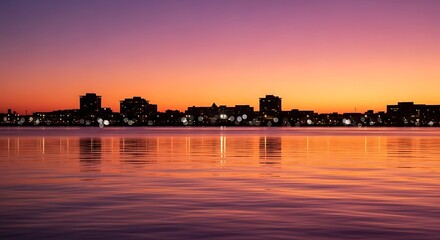 Vibrant sunset over city skyline reflected in calm water landscape photography