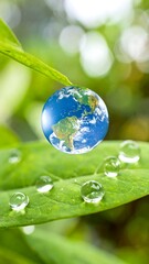 A miniature earth globe rests delicately on a verdant leaf, reflecting light and droplets.
