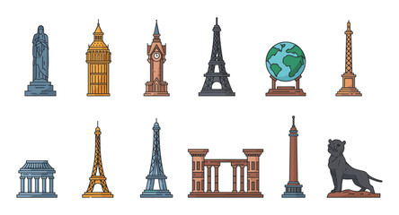Iconic landmark illustrations featuring famous monuments in colorful line art style