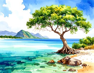 Watercolor seascape with a lone tree