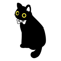 Adorable black cat with big yellow eyes and a white bow tie, a cute and charming pet illustration. Minimalist black cat icon line art outline illustration.