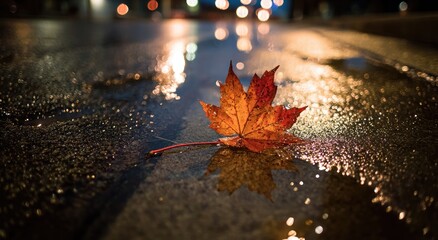 Autumn leaf in a puddle at night