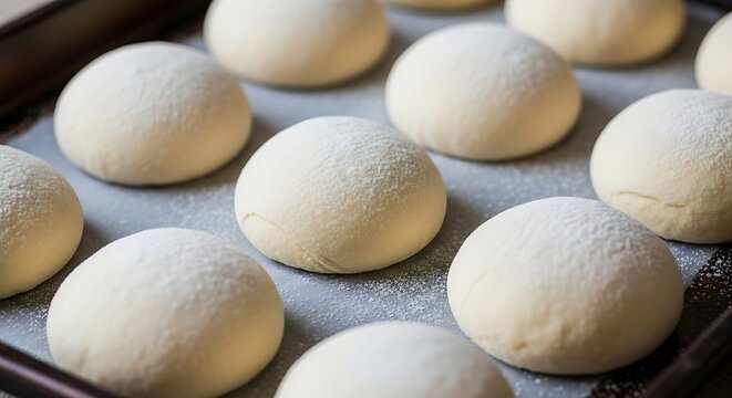 Round, unbaked bread dough balls on a baking sheet