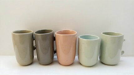 Five Ceramic Mugs in Muted Earth Tones Lined Up Against a White Background