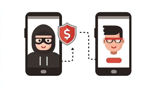 Two smartphones; one displaying a masked figure, the other a person with glasses; a money shield symbol connects them