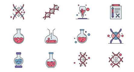 Obraz premium Colorful scientific laboratory icons featuring dna, flask, and microscope for educational and research design