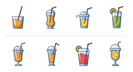 Refreshing summer drinks with ice cream and fruit garnish in flat cartoon style
