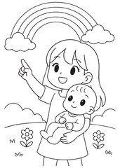 coloring book sister holding baby brother under rainbow in garden