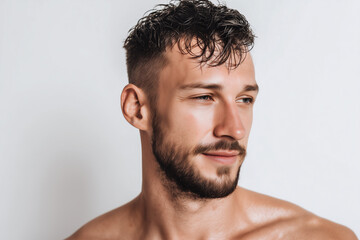 Fototapeta premium Close-up profile of an adult man with wet hair after a shower on a grey background.