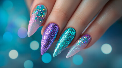 Mermaid-inspired nails in iridescent turquoise and purple on a fanciful female hand