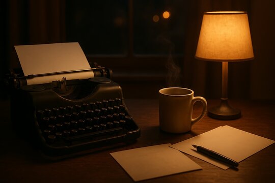 Vintage typewriter with blank paper, steaming coffee cup, pen and sheets on wooden desk under warm lamp light