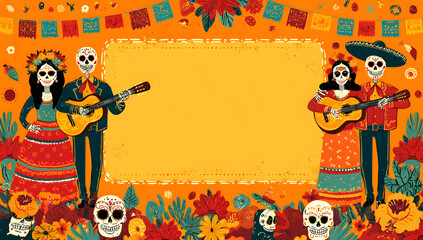 Dia de Los Muertos or Day of Dead holiday frame withMexican sugar skulls, vectr background. Catrina calaera and mariachi musicianswith tropical flowers, skeeton in sombrero with guitr in frame