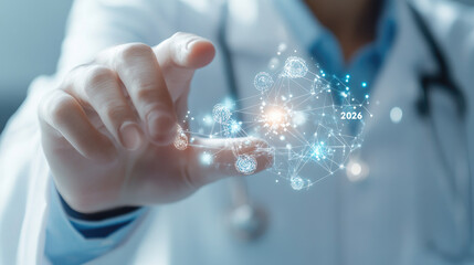 Medical professional in white coat gripping futuristic digital healthcare network, representing technological advancement and medical innovation