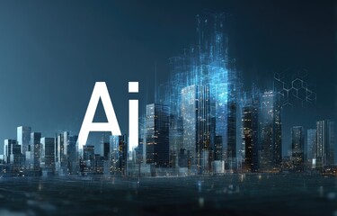 Futuristic city skyline overlaid with AI text, glowing with digital network