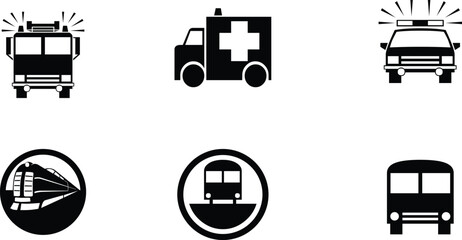 Black silhouette icons of emergency and public transport vehicles including fire truck, ambulance, police car, train, metro, and bus. Simple graphic symbols for design projects.