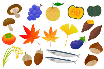 秋素材　秋の味覚と自然　手書き風