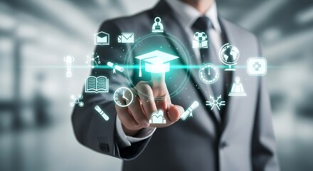 Obraz premium Businessman interacting with futuristic digital education and business icons interface