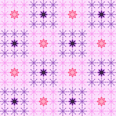 Seamless pattern of geometric stars and flowers arranged in a grid, featuring a sweet pastel pink and purple palette for a cute and cheerful aesthetic.