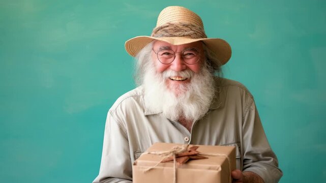 Happy senior man with white beard wearing a hat holds a gift box tied with string, smiling on a teal background.