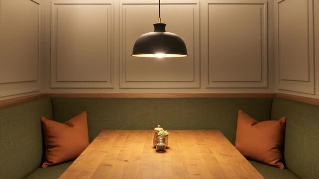 Cozy restaurant corner booth with wooden table and warm lighting interior design