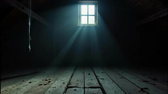 Footsteps echo in a spooky attic, perfect for Halloween video footage, creating suspense and chilling atmosphere for your projects.
