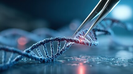 Genetic engineering theme, 3D - rendered CRISPR - Cas9 system cutting DNA double strands, sgRNA guide sequences labeled beside, background is a laboratory blue light operating table 