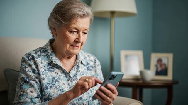 An elderly woman is using a mobile phone at home. Happy senior enjoying modern communication on social media app footage. - Powered by Adobe