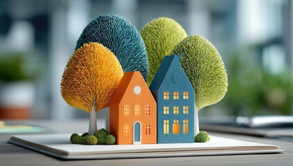 Miniature paper houses and trees on a notebook