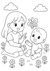 coloring book sister giving flower to baby brother in garden