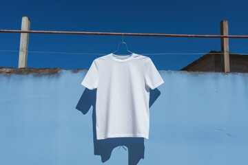 A t-shirt is hanging onto a barricaded fence sleeve white blue.
