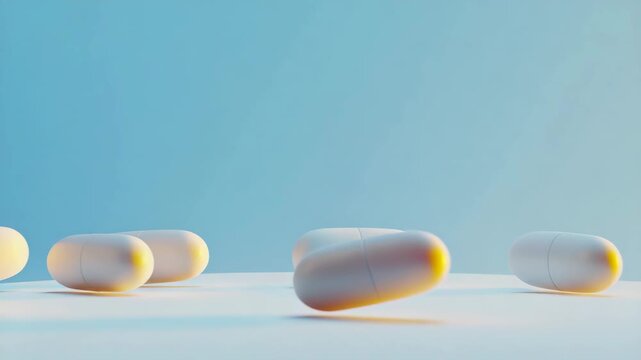 Several white capsules scattered on a light surface against a soft blue background, representing a placebo effect.