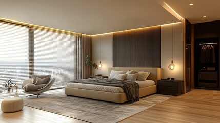 Modern Bedroom Interior with Cozy Bed, Accent Chair, Blinds and Decorative Plants, Warm and Stylish Atmosphere
