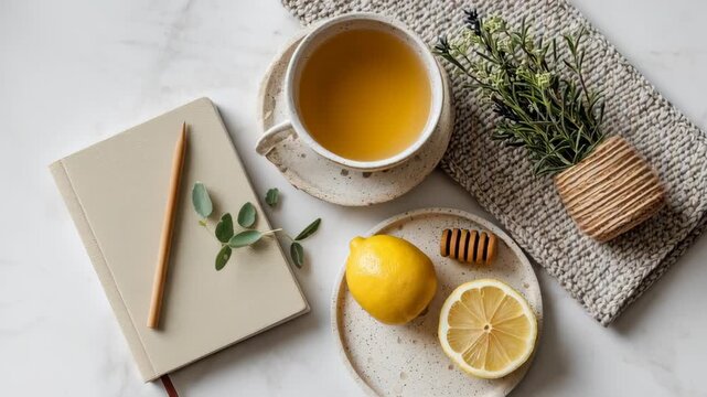 Cozy Lifestyle Setup with Herbal Tea, Fresh Lemons, Honey, Notebook, and Small Plant for Relaxing Day at Home