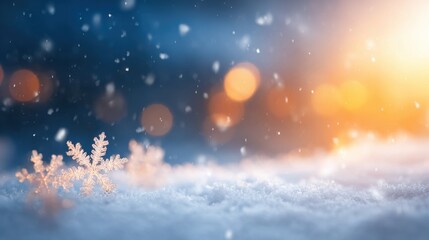 Fototapeta premium Snowflakes falling gently during sunset in a winter wonderland