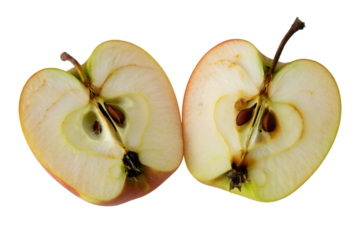 Two apple halves isolated on transparent background showing the core and seeds inside