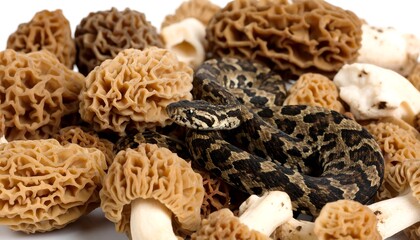 A brown snake rests amidst a pile of tan and brown morel mushrooms against a white background