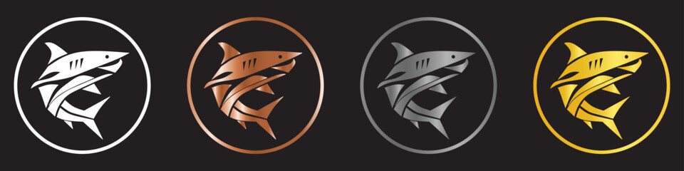 Four Shark Logos in Different Metallic Colors.