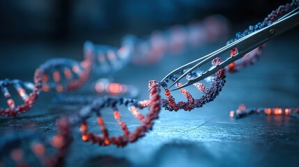 Genetic engineering theme, 3D - rendered CRISPR - Cas9 system cutting DNA double strands, sgRNA guide sequences labeled beside, background is a laboratory blue light operating table 