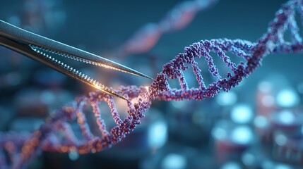 Genetic engineering theme, 3D - rendered CRISPR - Cas9 system cutting DNA double strands, sgRNA guide sequences labeled beside, background is a laboratory blue light operating table 